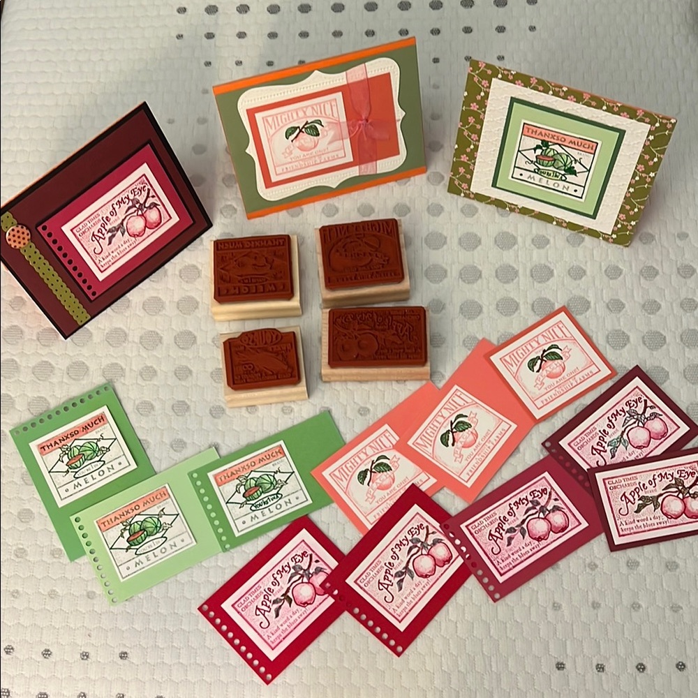 Stampin' Up! Vintage themed melon, apples, peaches and corn includes three cards